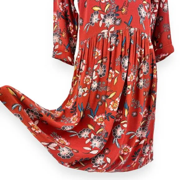 Garnet Hill Womens Floral Fit &amp; Flare Boho Dress Size 8 Orange Rust 3/4 Sleeves
