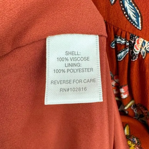 Garnet Hill Womens Floral Fit &amp; Flare Boho Dress Size 8 Orange Rust 3/4 Sleeves