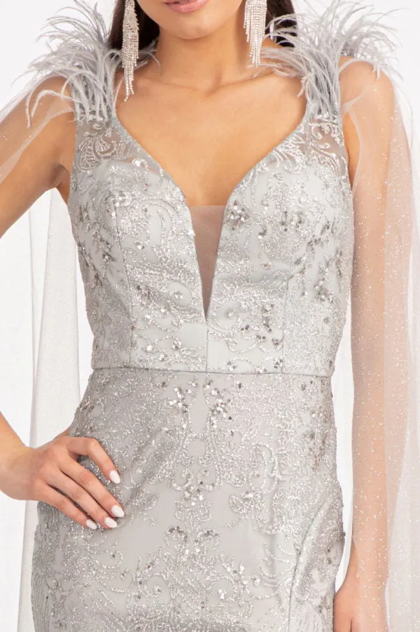 GL 3047 - Feather Embellished Glitter Print Fit & Flare Prom Gown with V-Neck Leg Slit & Removable Shoulder Cape