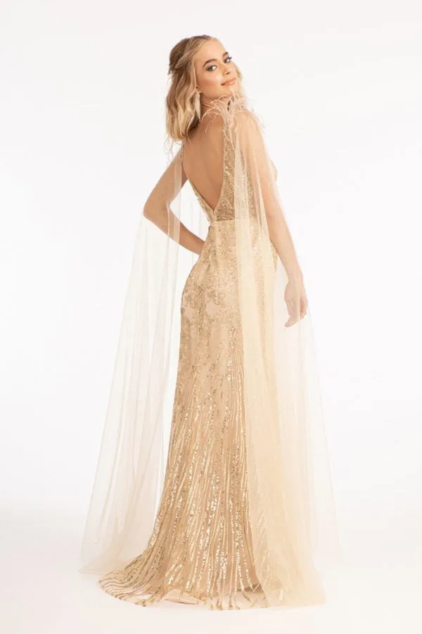 GL 3047 - Feather Embellished Glitter Print Fit & Flare Prom Gown with V-Neck Leg Slit & Removable Shoulder Cape