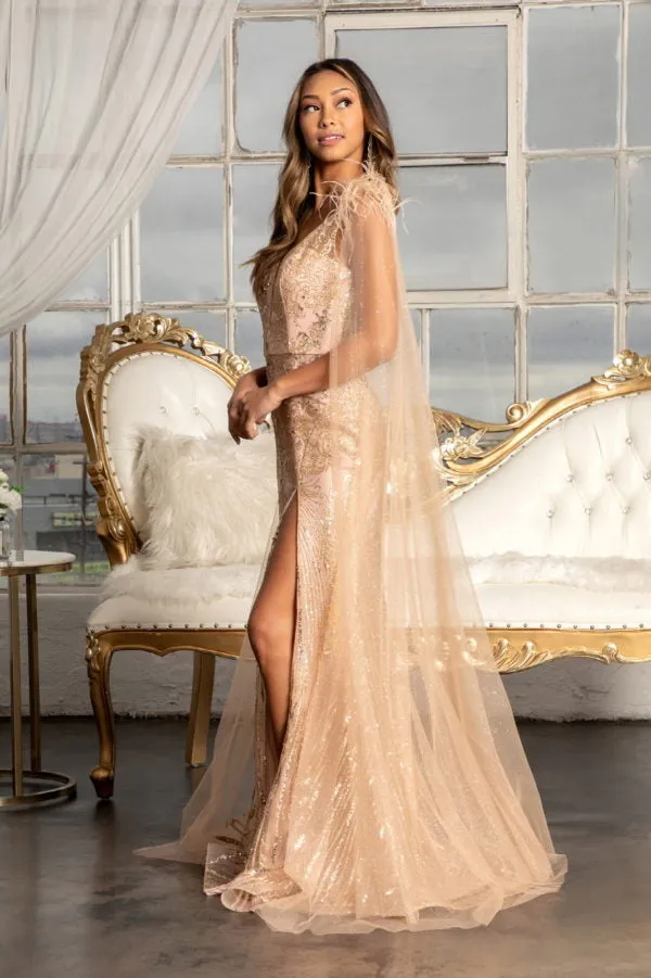 GL 3047 - Feather Embellished Glitter Print Fit & Flare Prom Gown with V-Neck Leg Slit & Removable Shoulder Cape