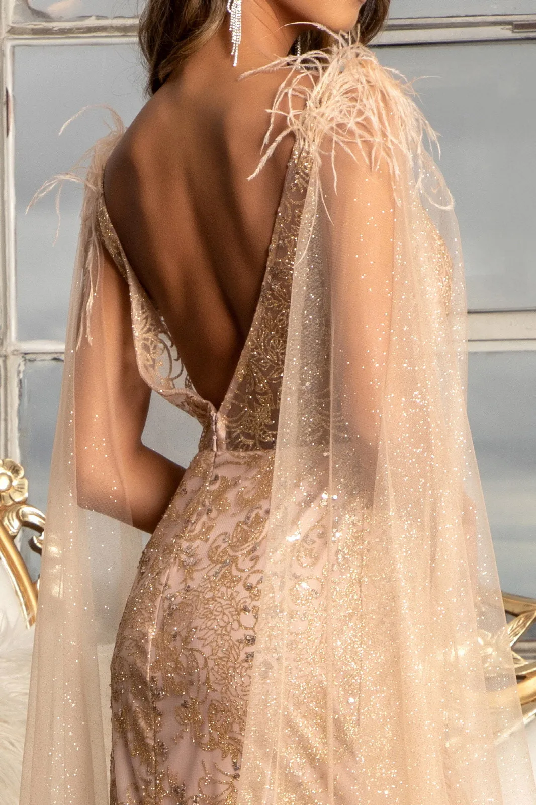 GL 3047 - Feather Embellished Glitter Print Fit & Flare Prom Gown with V-Neck Leg Slit & Removable Shoulder Cape