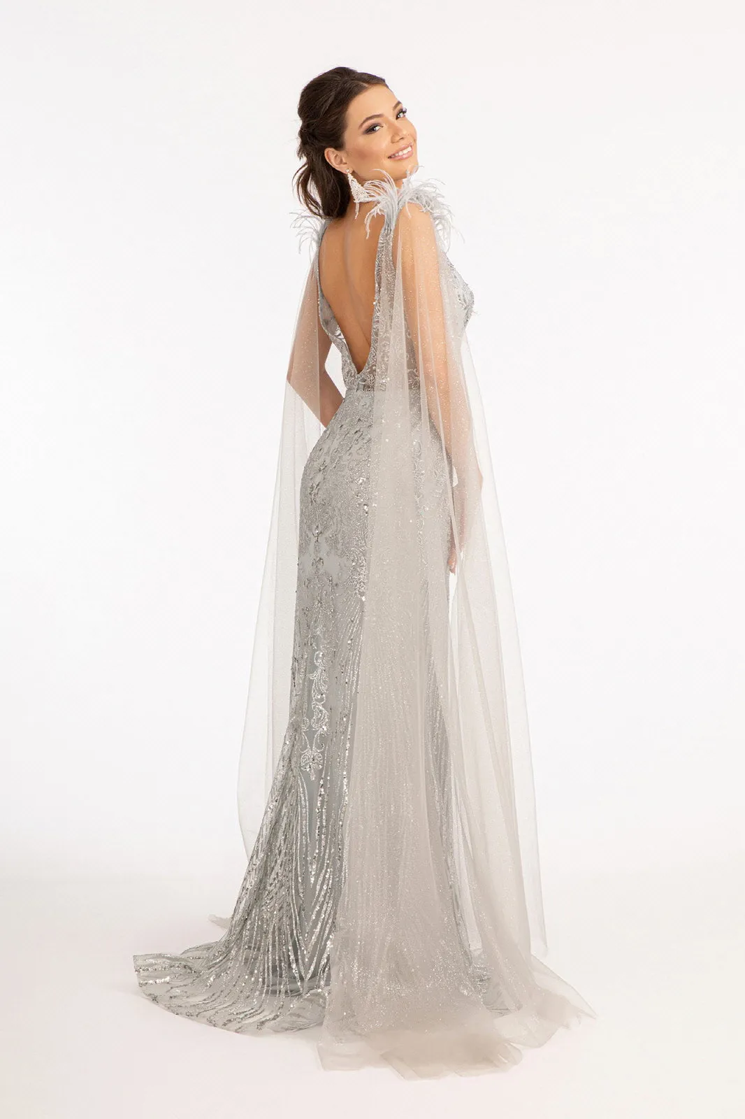 GL 3047 - Feather Embellished Glitter Print Fit & Flare Prom Gown with V-Neck Leg Slit & Removable Shoulder Cape