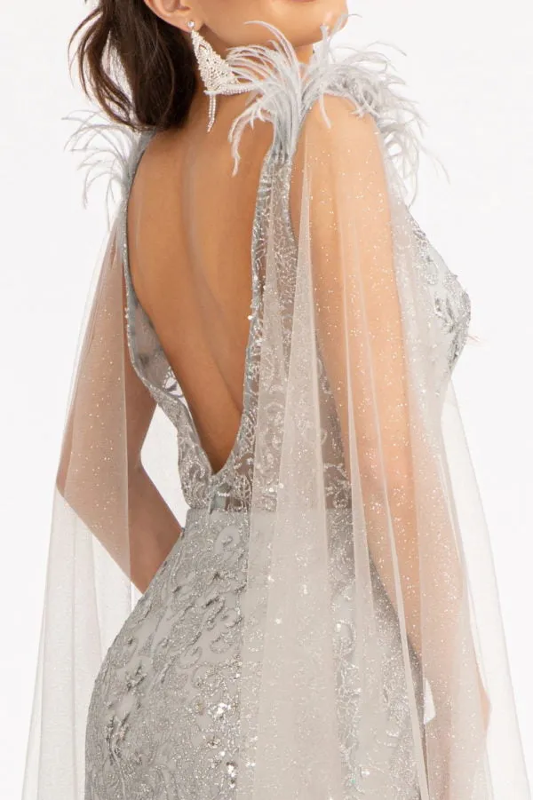 GL 3047 - Feather Embellished Glitter Print Fit & Flare Prom Gown with V-Neck Leg Slit & Removable Shoulder Cape