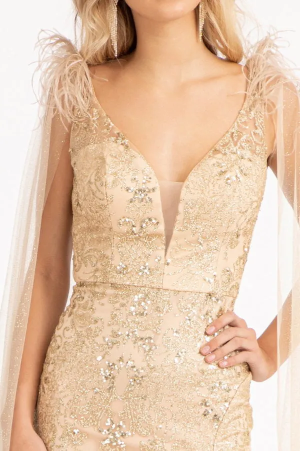 GL 3047 - Feather Embellished Glitter Print Fit & Flare Prom Gown with V-Neck Leg Slit & Removable Shoulder Cape