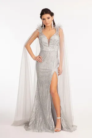 GL 3047 - Feather Embellished Glitter Print Fit & Flare Prom Gown with V-Neck Leg Slit & Removable Shoulder Cape