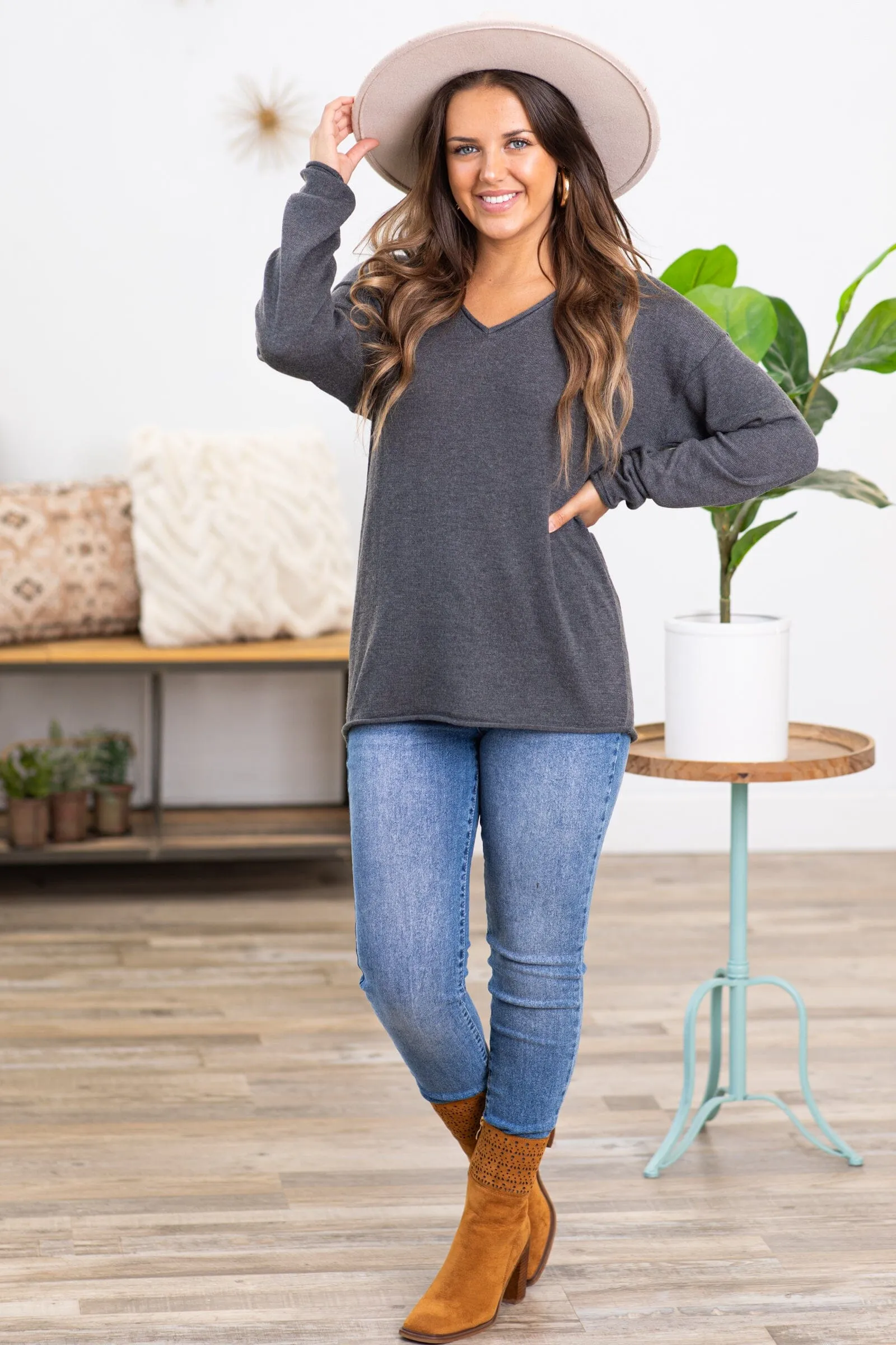 Graphite V-Neck Raw Edge Sweater