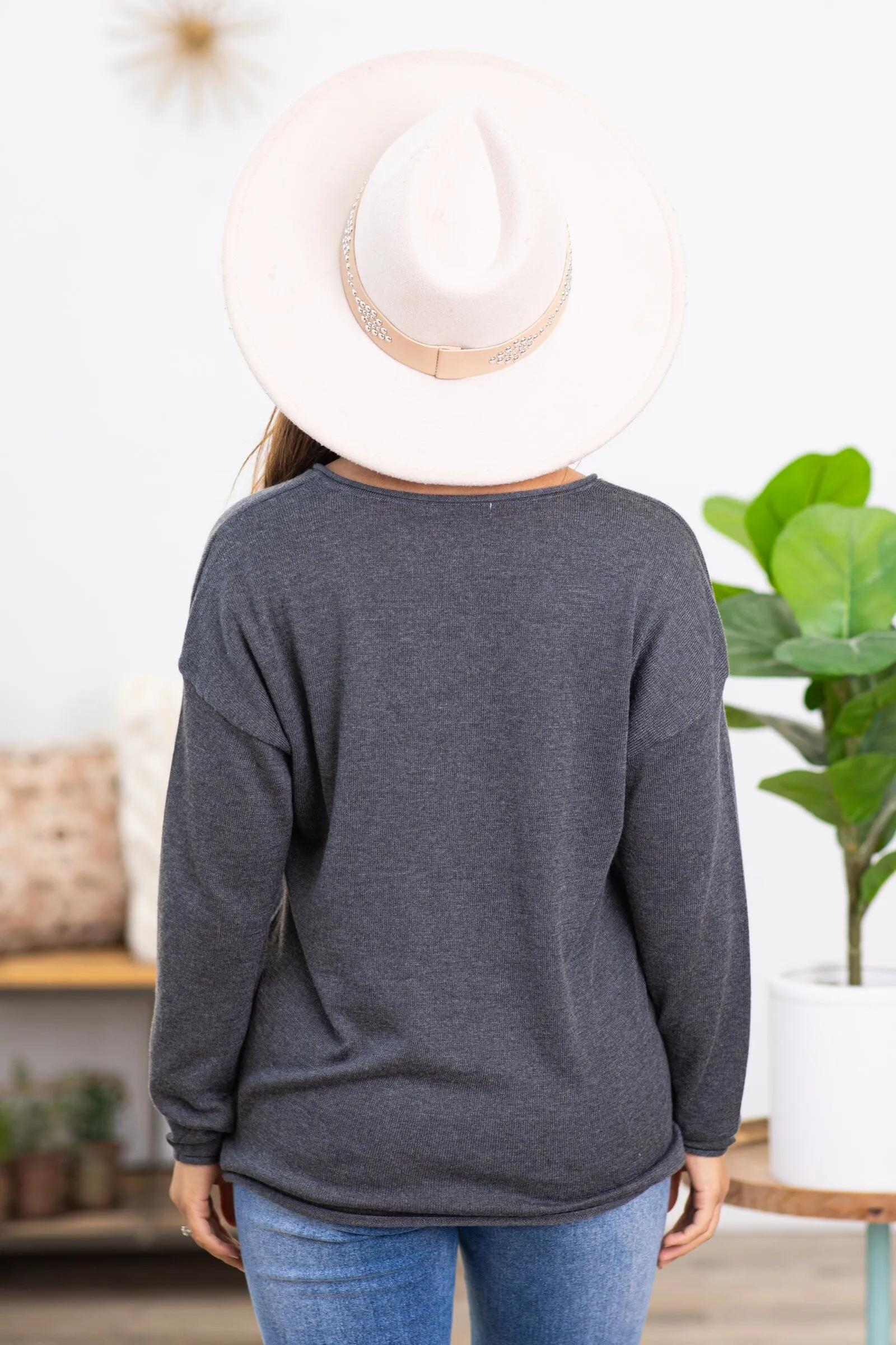 Graphite V-Neck Raw Edge Sweater