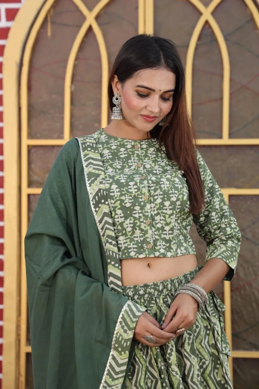 Green Colour Bagru Print Flora lehenga choli Set