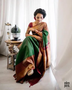 Green With Maroon Border Banarasi Soft Silk Saree With Blouse