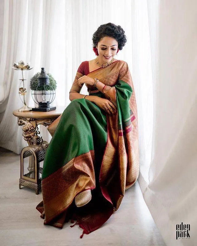 Green With Maroon Border Banarasi Soft Silk Saree With Blouse