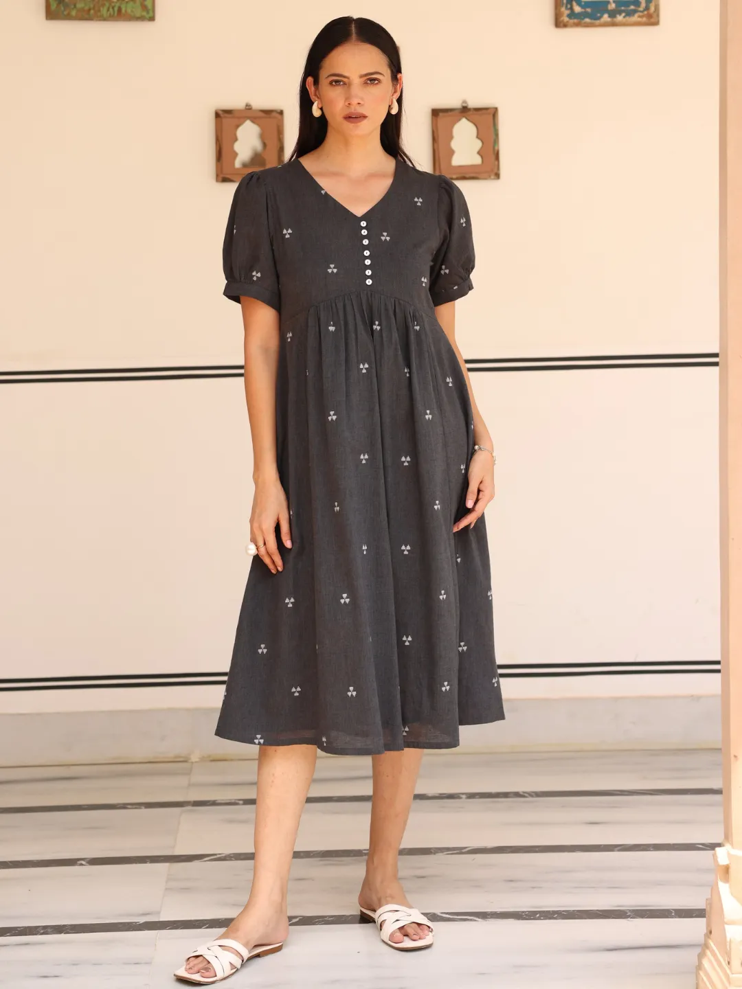 Grey Woven Design Cotton Midi Dress with lining