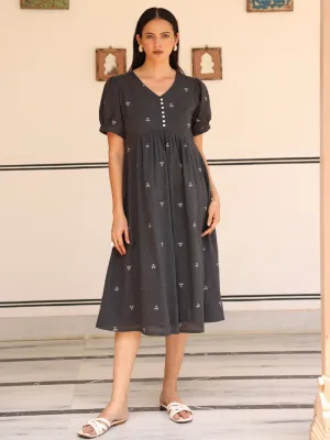Grey Woven Design Cotton Midi Dress with lining