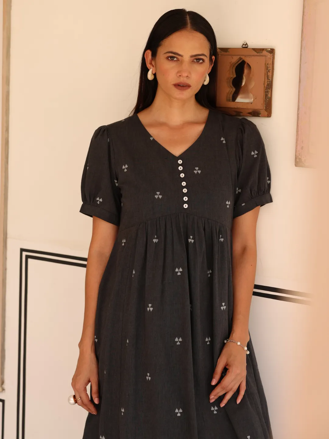Grey Woven Design Cotton Midi Dress with lining