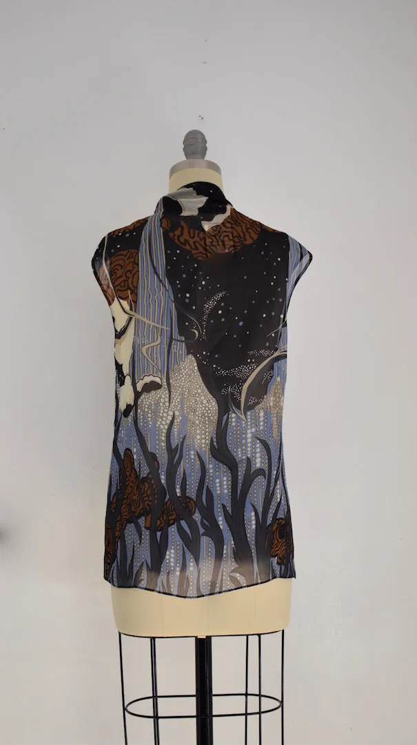 Gucci (I38) Sheer Silk Sleeveless Ocean Sea Reef Dolphin Bubble Print Blouse Top