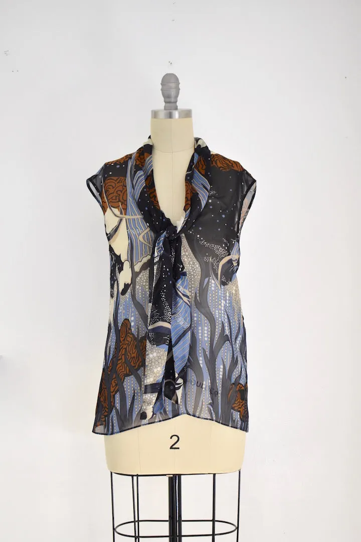 Gucci (I38) Sheer Silk Sleeveless Ocean Sea Reef Dolphin Bubble Print Blouse Top