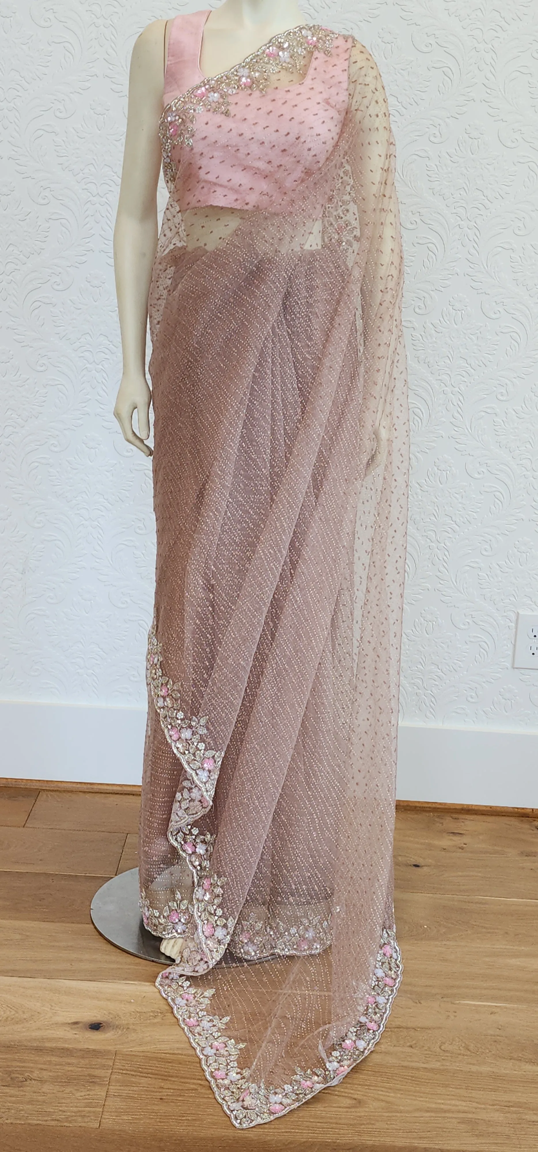 Hand Embroidered Organza Saree in Brown W/Custom Blouse.