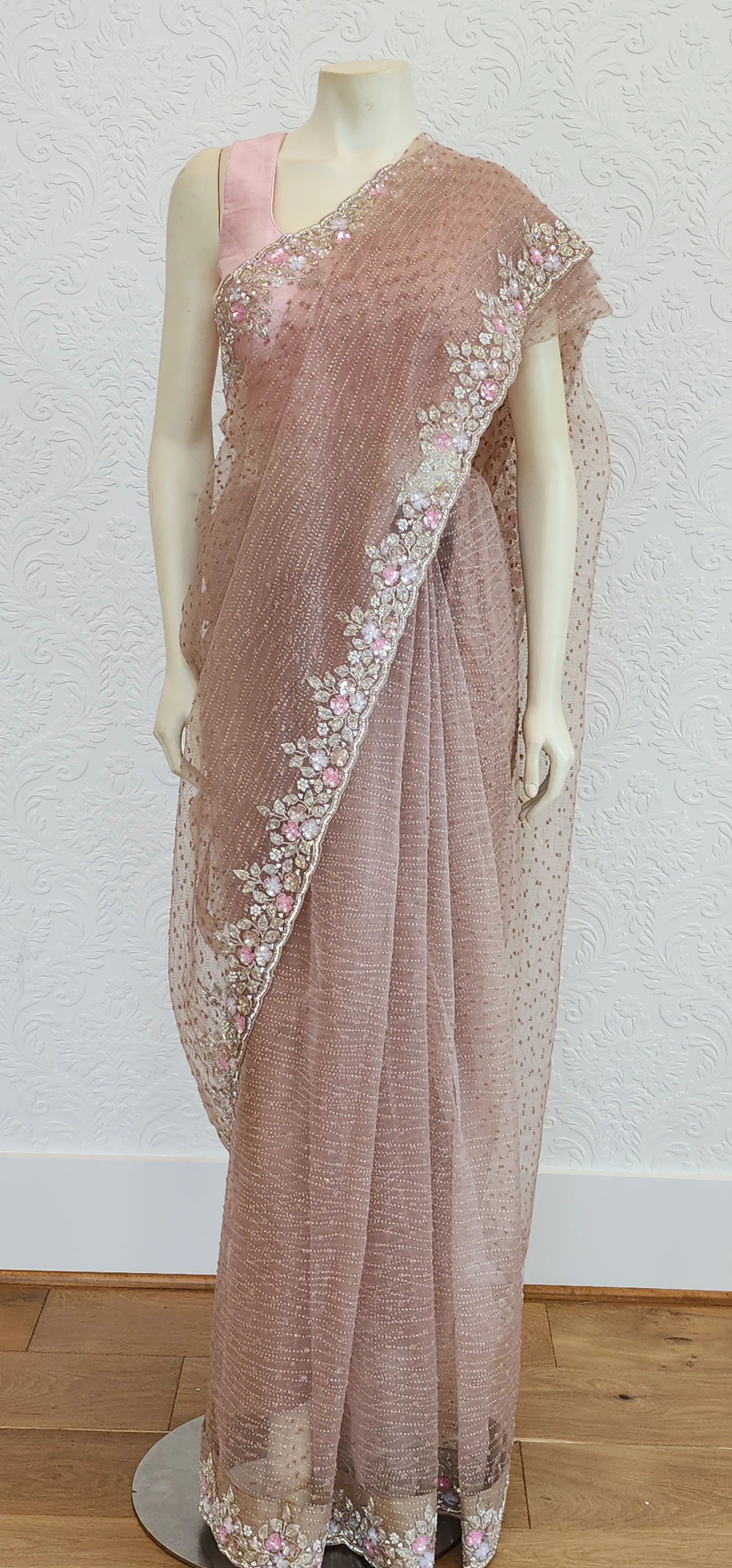 Hand Embroidered Organza Saree in Brown W/Custom Blouse.