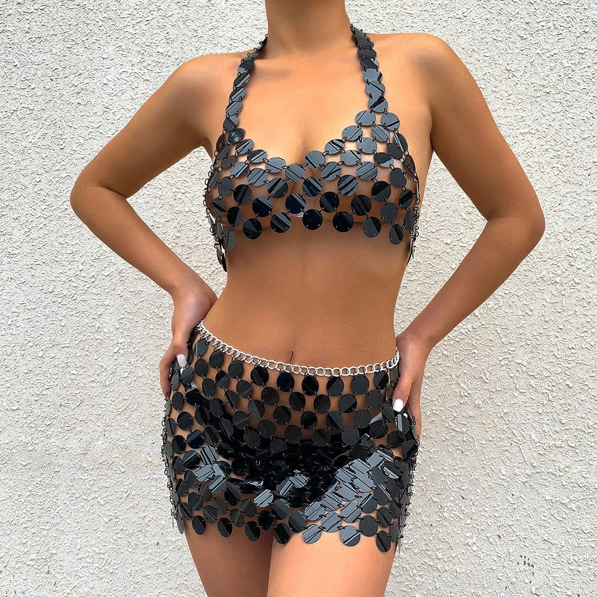 Handmade Glitter Sequins Patchwork Strappy Nightclub Party Mini Skirt