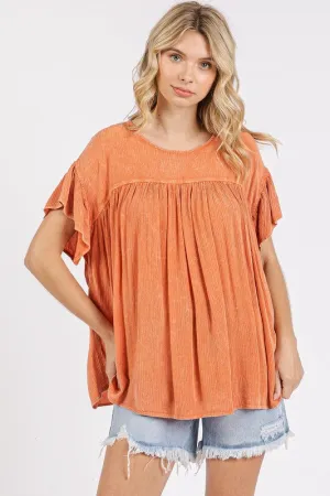 Hazel Blues® |  Mittoshop Mineral Washed Round Neck Ruffle Sleeve Blouse