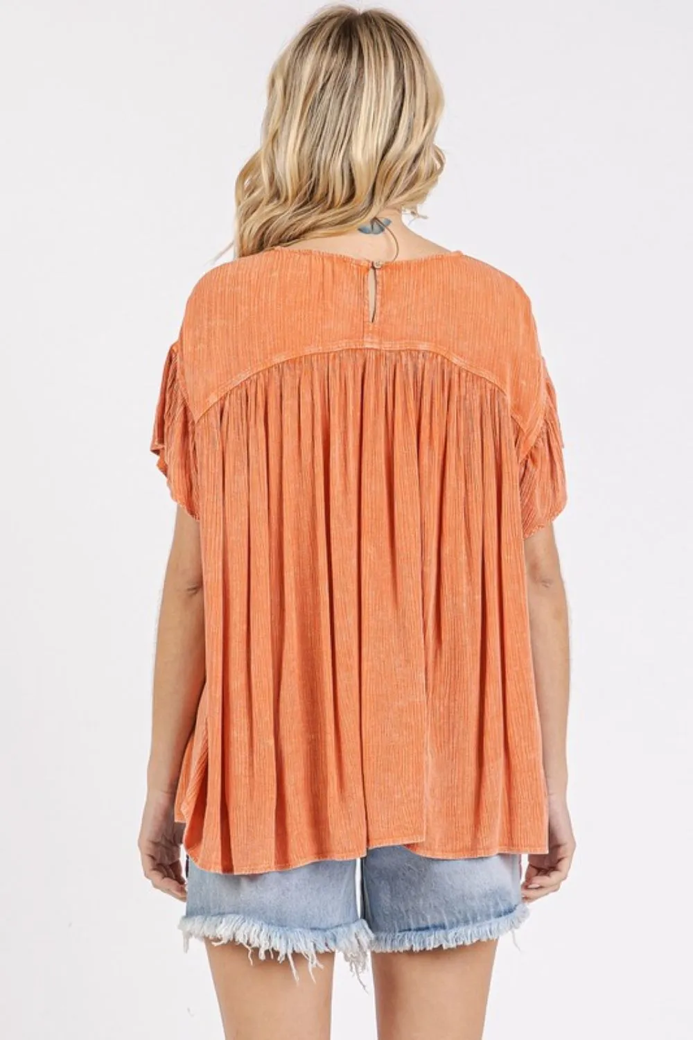 Hazel Blues® |  Mittoshop Mineral Washed Round Neck Ruffle Sleeve Blouse