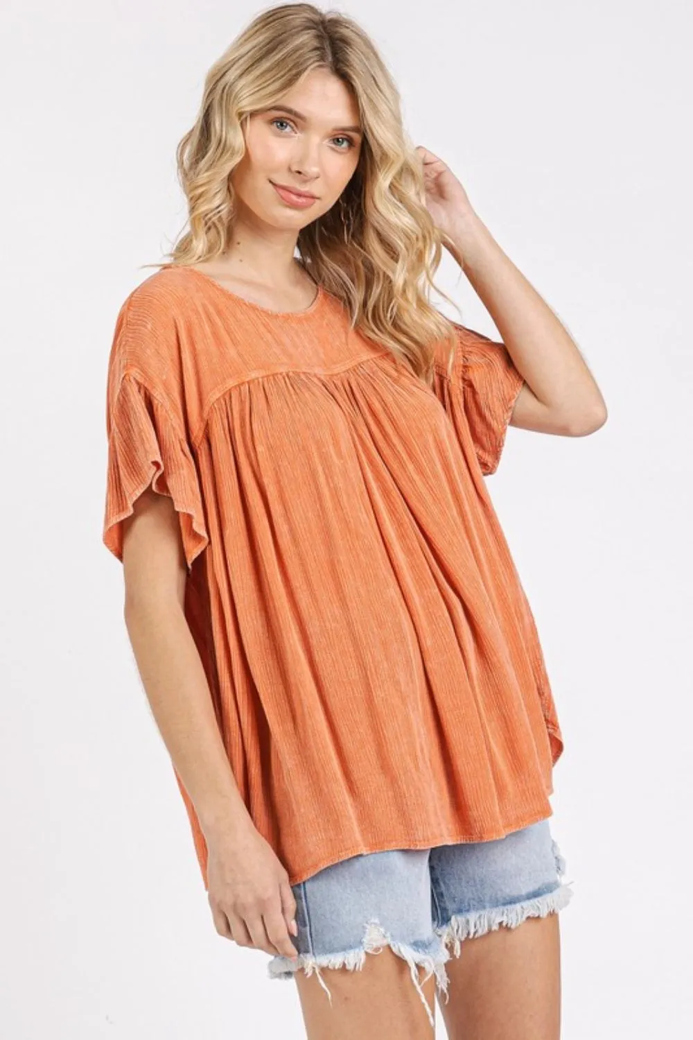 Hazel Blues® |  Mittoshop Mineral Washed Round Neck Ruffle Sleeve Blouse