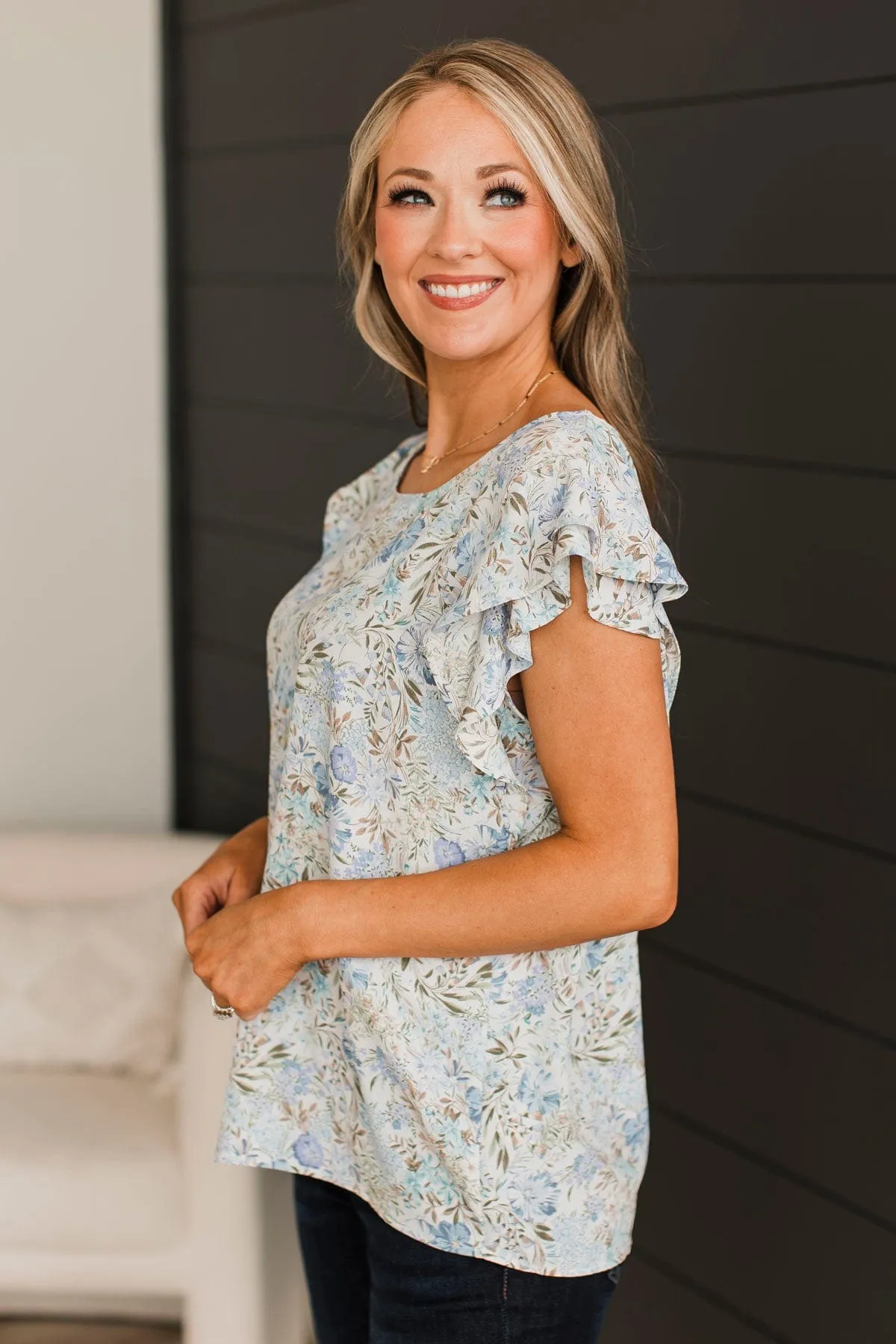 Heard Enough Floral Ruffle Top- Denim Blue