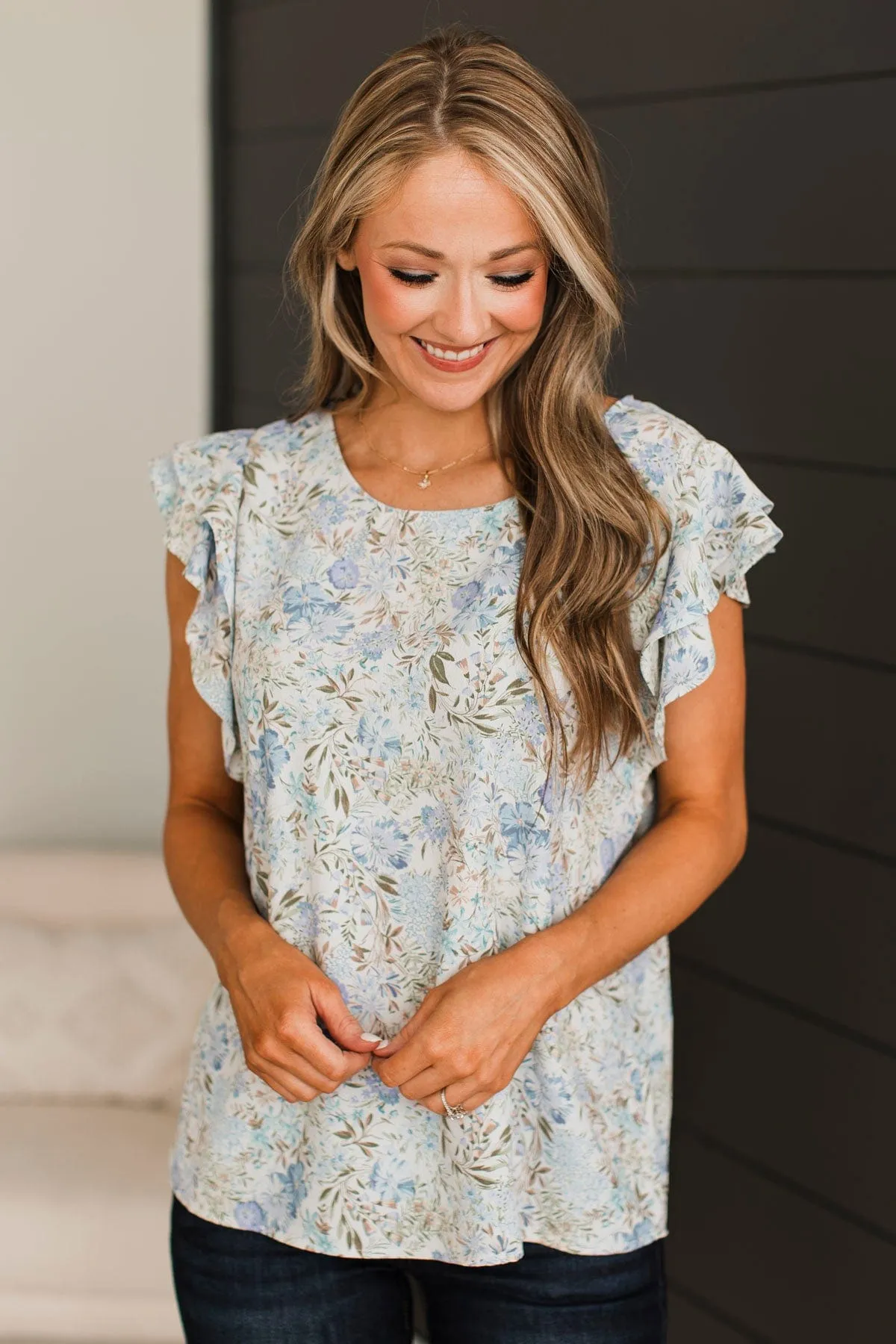 Heard Enough Floral Ruffle Top- Denim Blue