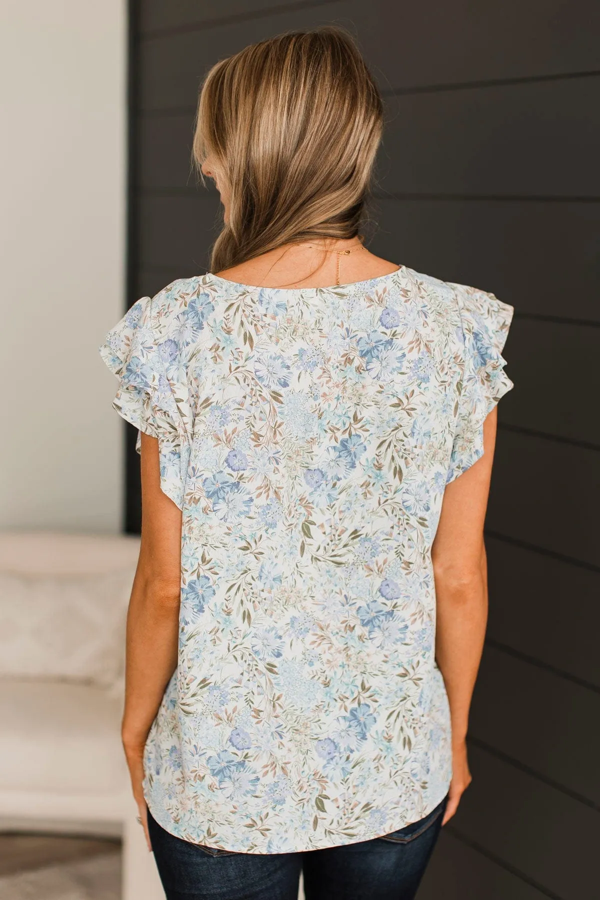 Heard Enough Floral Ruffle Top- Denim Blue