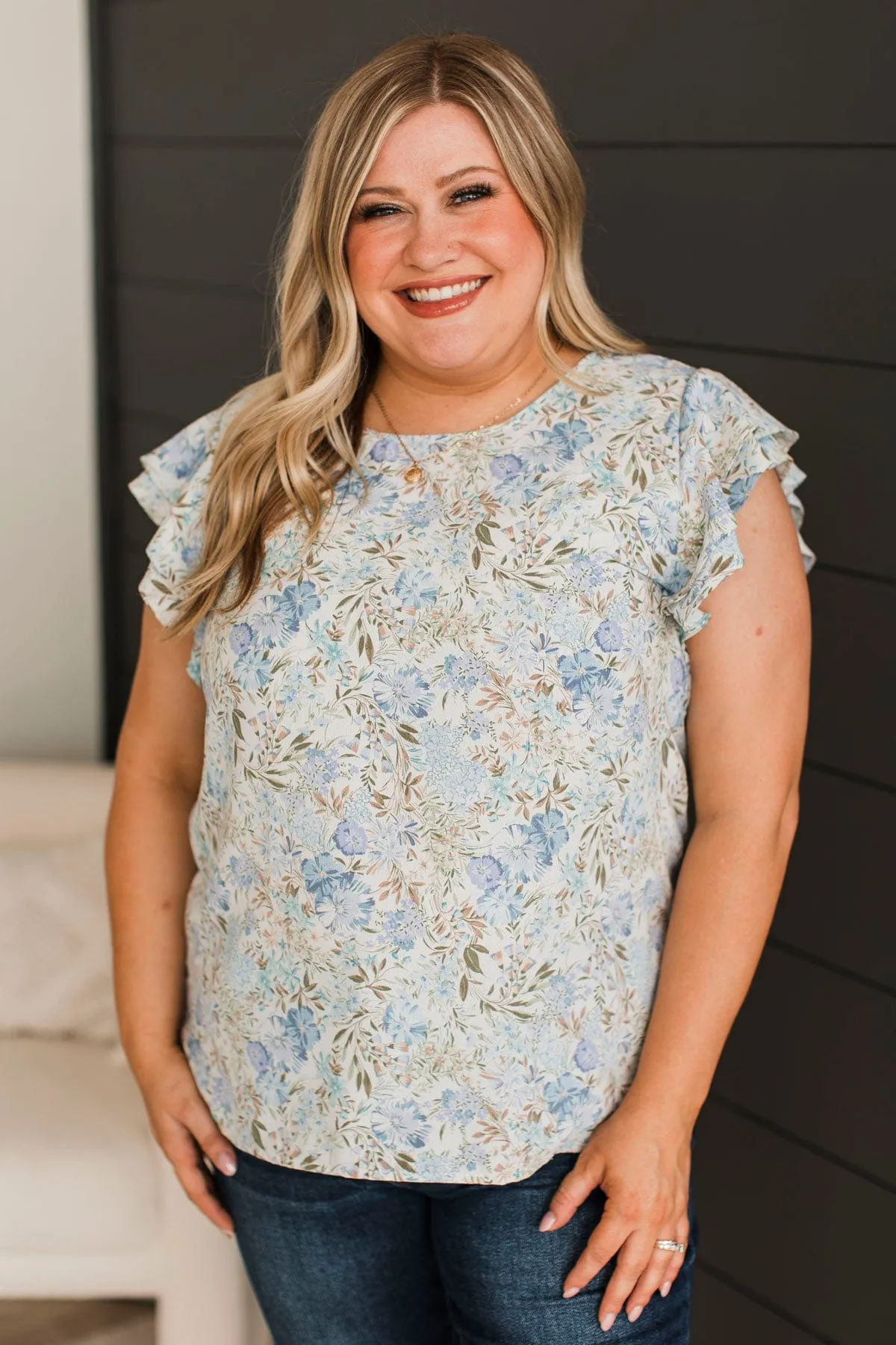 Heard Enough Floral Ruffle Top- Denim Blue