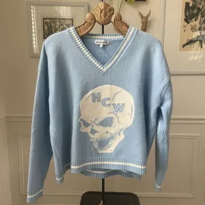 Heaven Can Wait Blue Skyfall Skull Vneck Sweater M