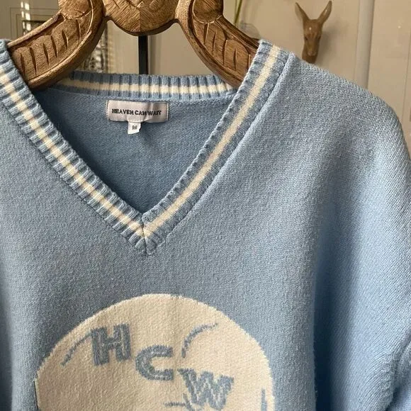 Heaven Can Wait Blue Skyfall Skull Vneck Sweater M