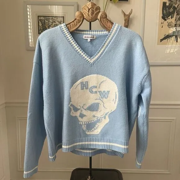 Heaven Can Wait Blue Skyfall Skull Vneck Sweater M