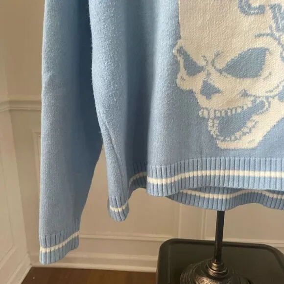 Heaven Can Wait Blue Skyfall Skull Vneck Sweater M