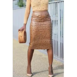 Her Brown Studded Pencil Skirt