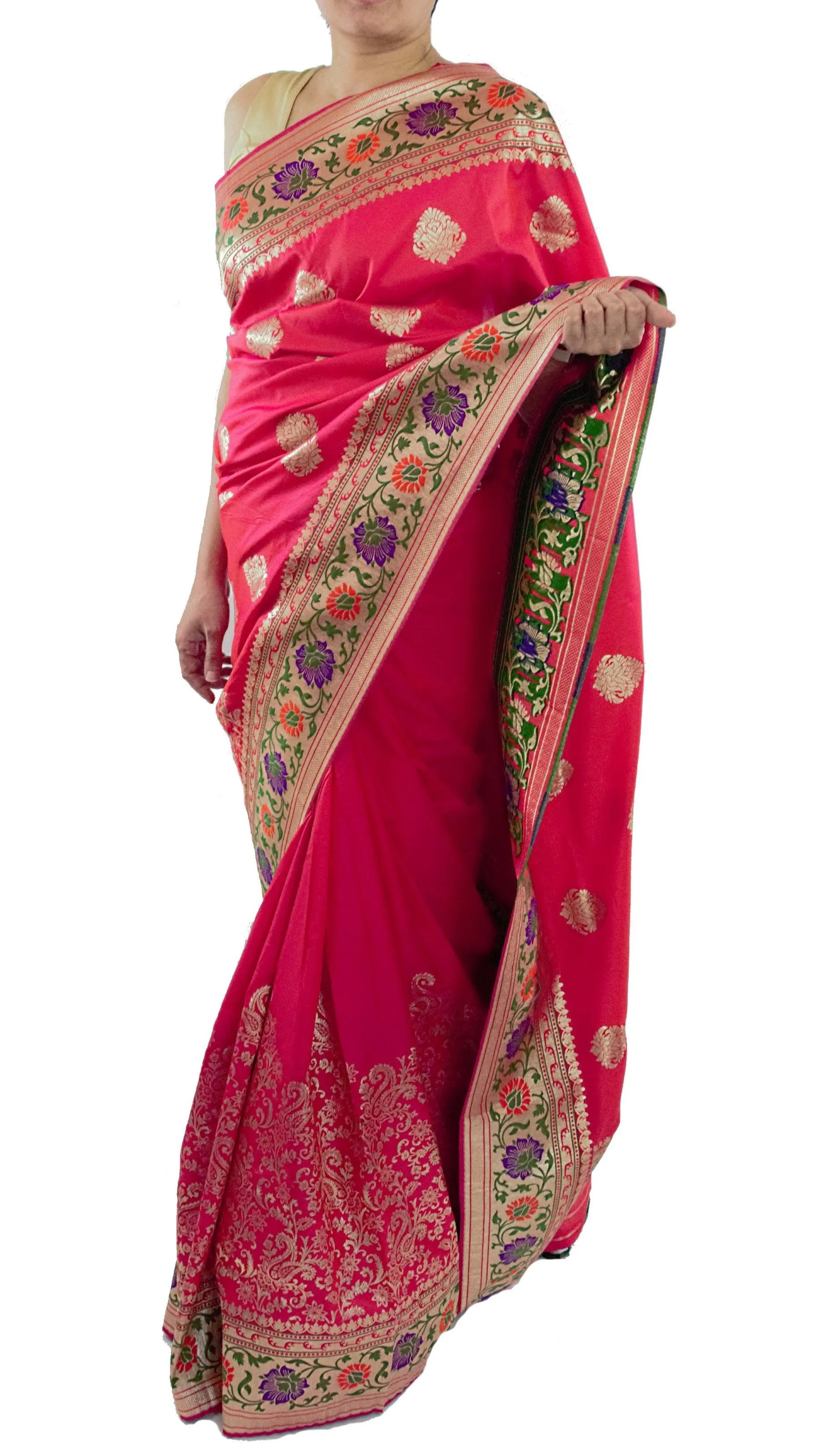Hot Pink Color Banarsi Saree With Floral Border