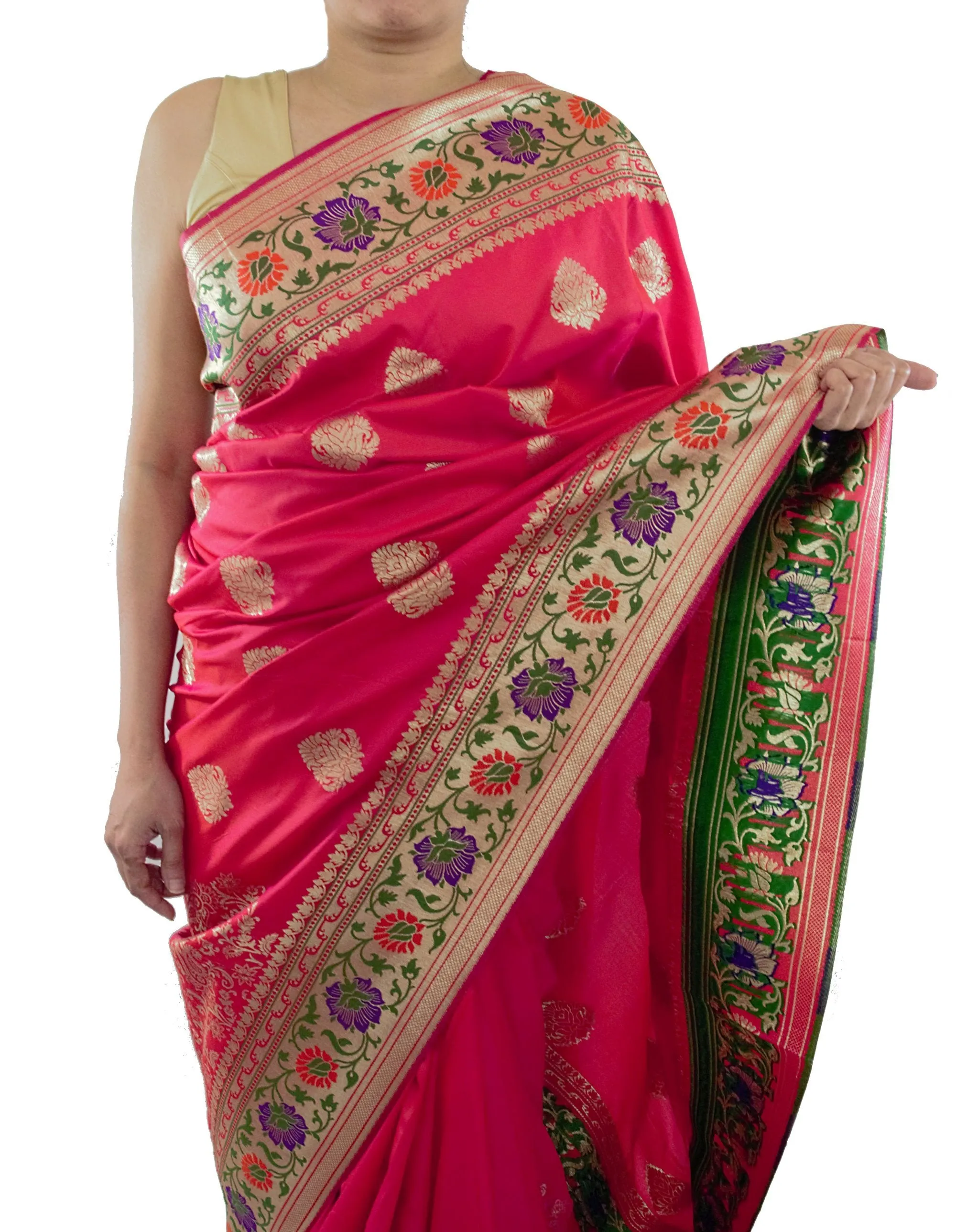 Hot Pink Color Banarsi Saree With Floral Border