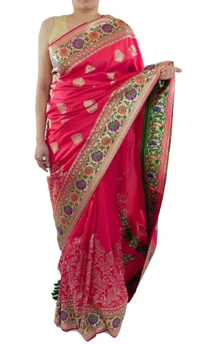 Hot Pink Color Banarsi Saree With Floral Border