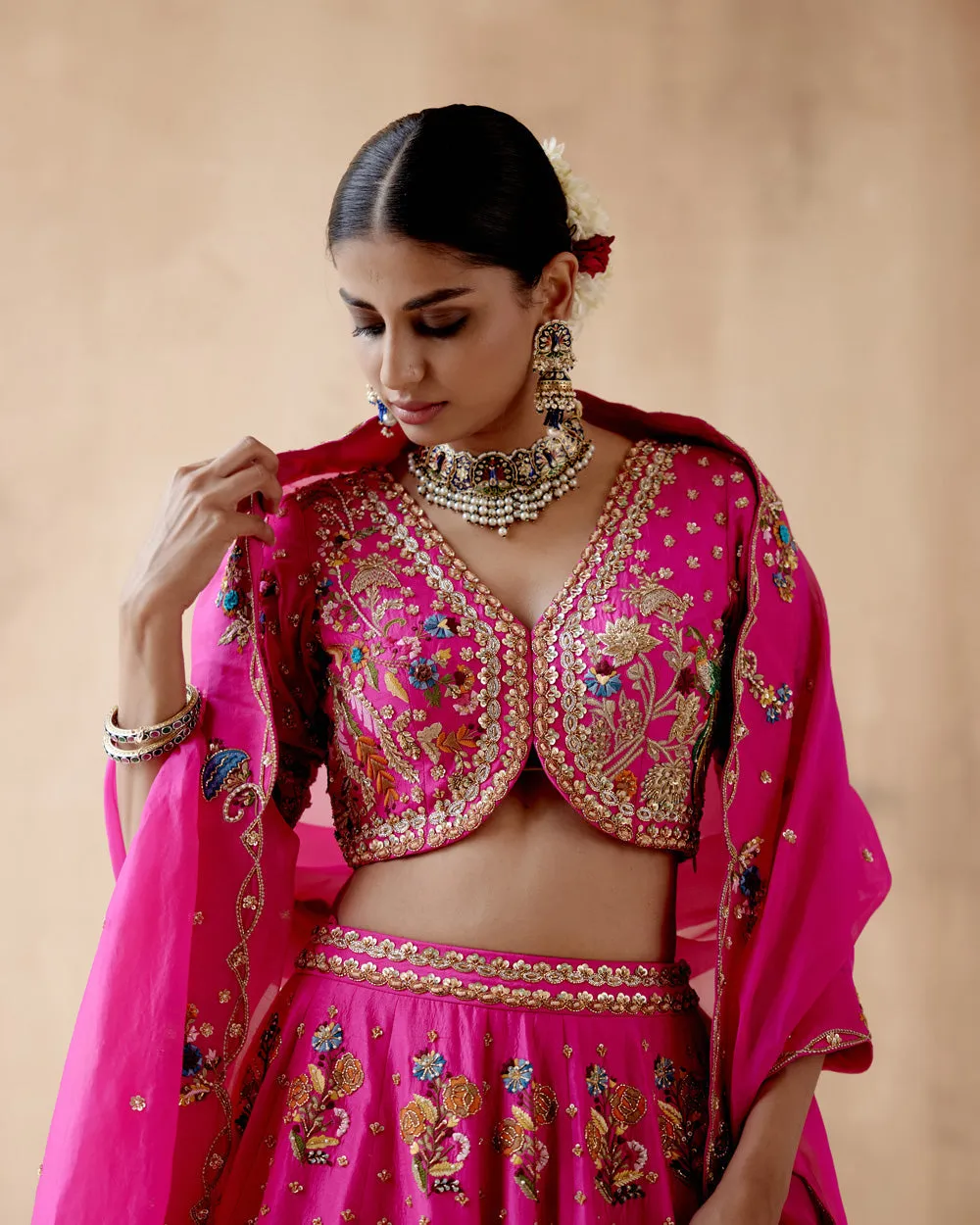 Hot Pink Dupion Silk Lehenga Set