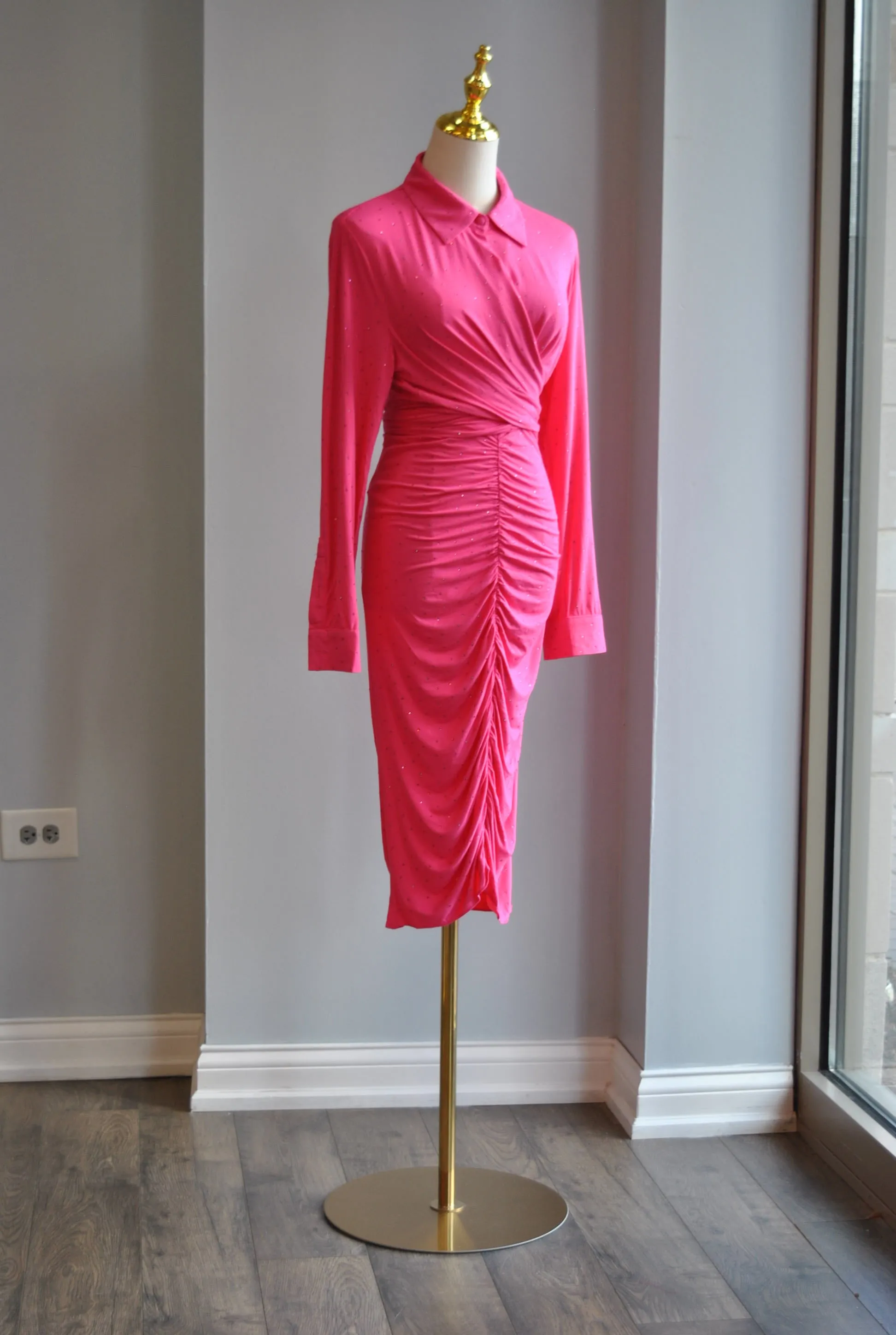 HOT PINK SET OF MIDI SKIRT AND A WRAP TOP WITH CRYSTALS