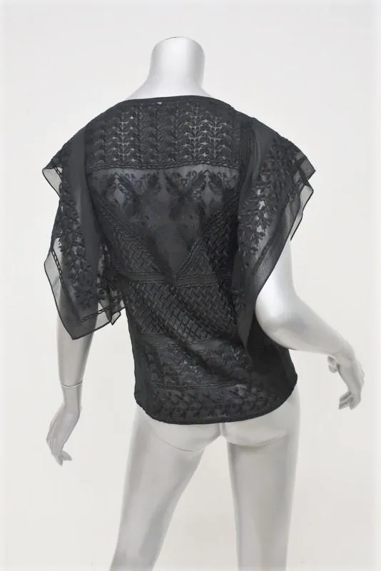 Isabel Marant Blouse Allen Black Embroidered Silk Georgette Size 34 Tassel Top