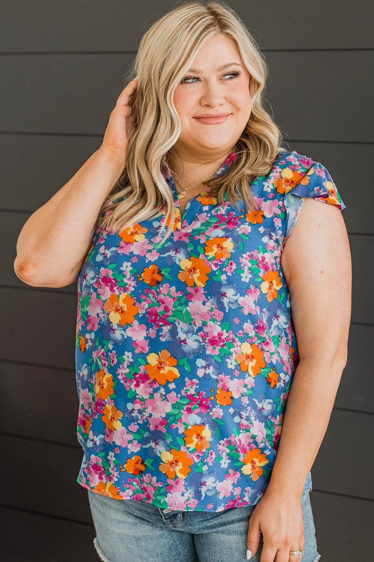It's A New Day Floral Blouse- Royal Blue & Orange