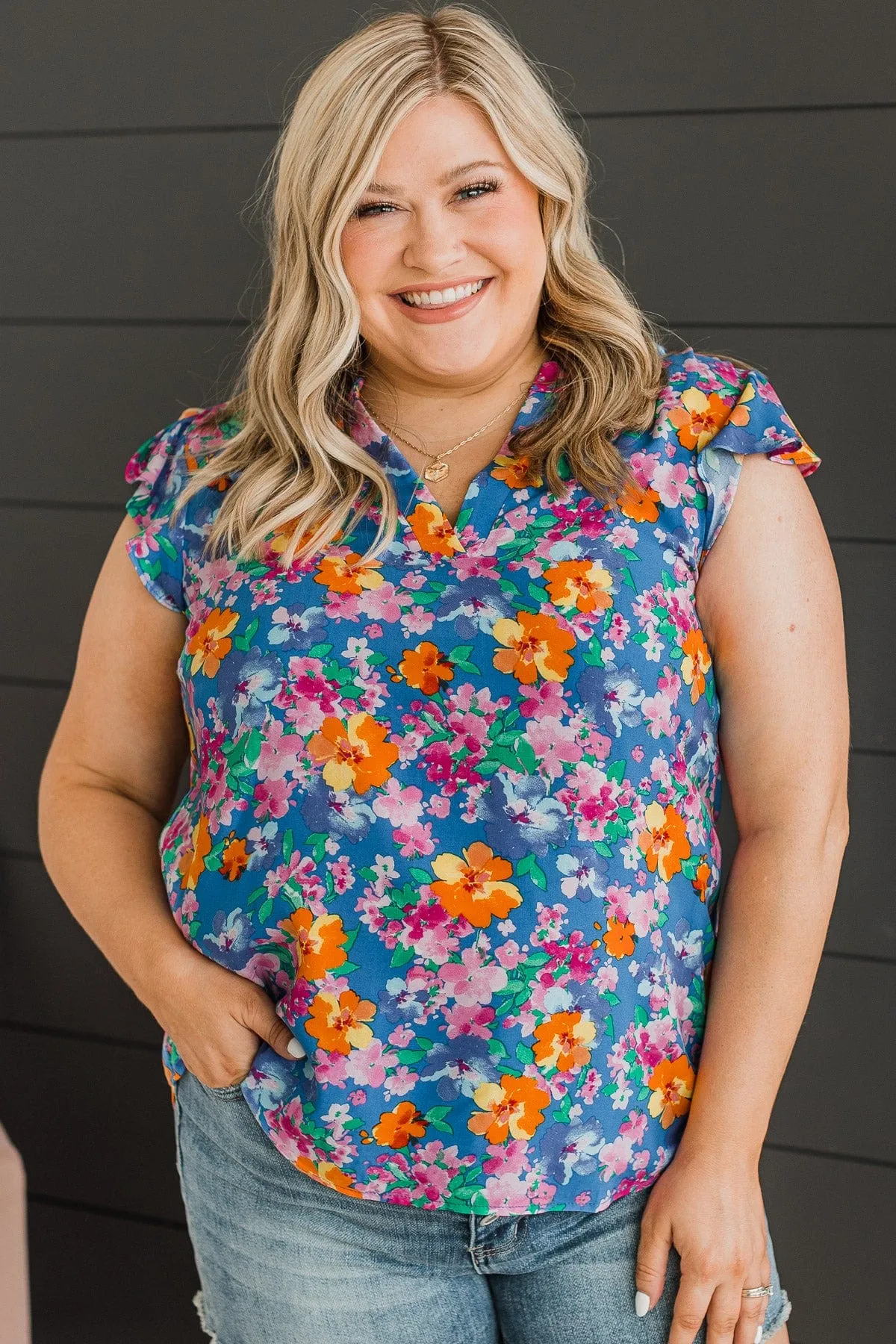 It's A New Day Floral Blouse- Royal Blue & Orange