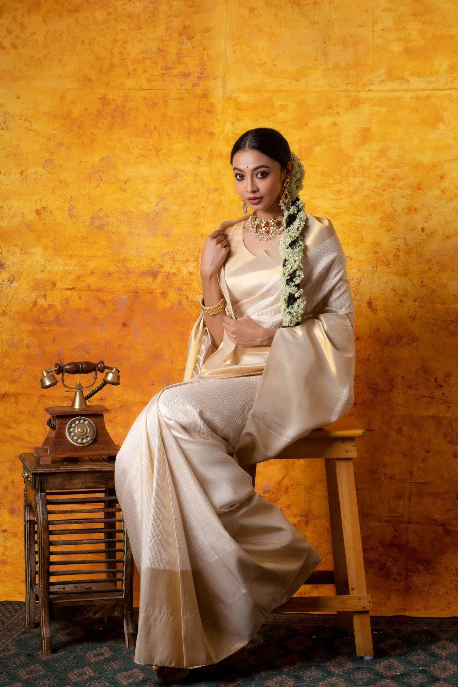 Ivory and Gold Kanjiveram Silk Saree
