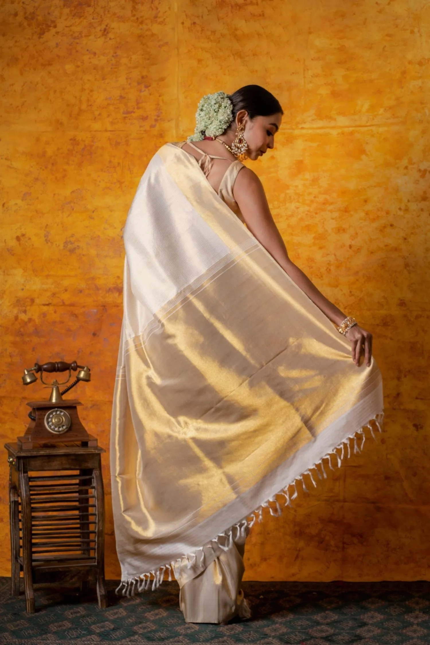 Ivory and Gold Kanjiveram Silk Saree