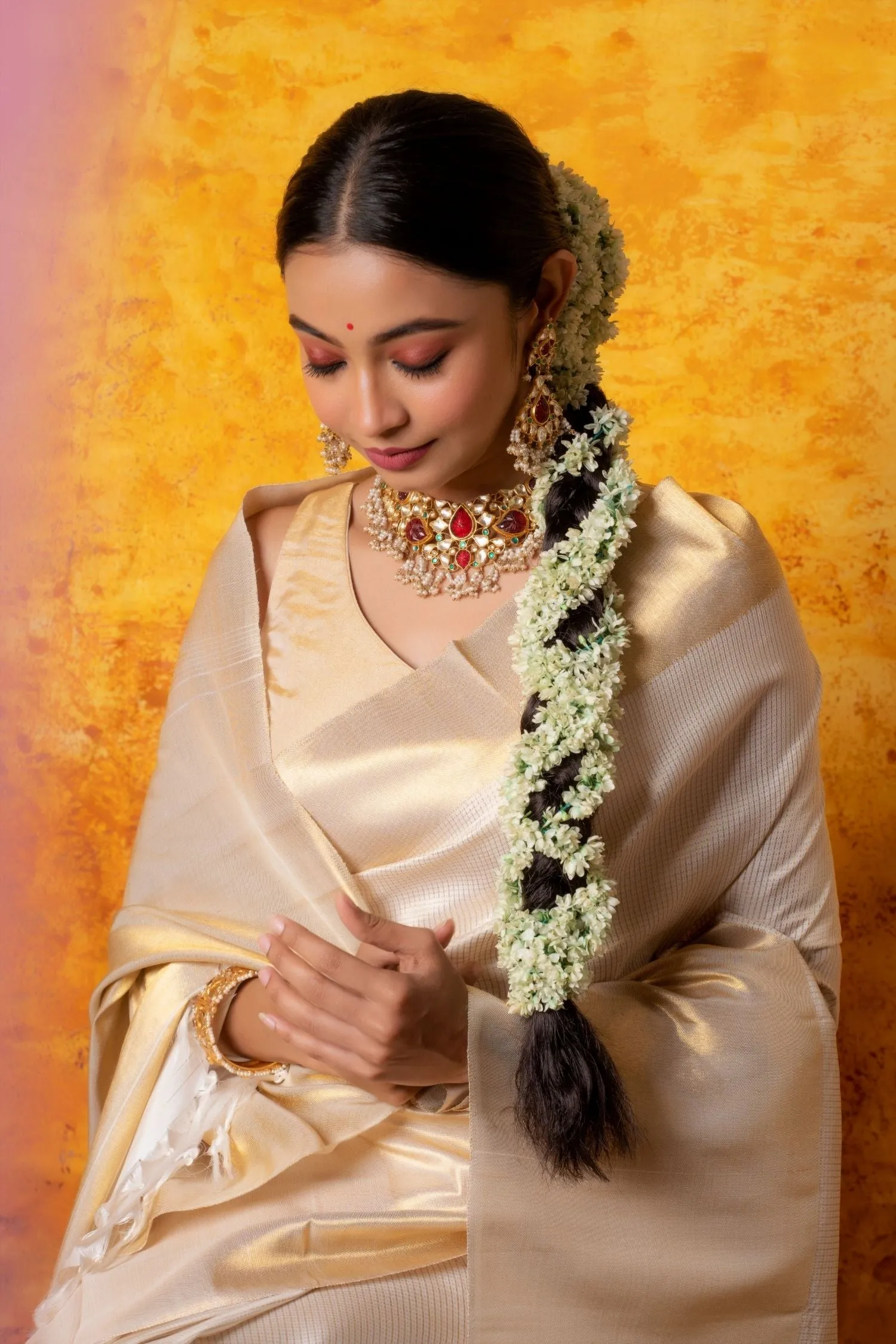 Ivory and Gold Kanjiveram Silk Saree