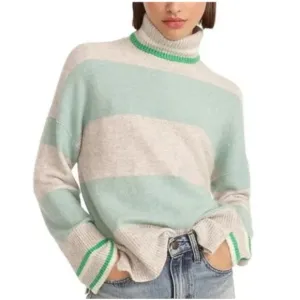 J. Crew Striped Turtleneck Sweater Supersoft Wool Yarn Women’s Small Silver Mint