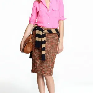 J Crew Taupe Khaki Green Coral Pink Chunky Boucle Pencil Twill Tweed Skirt XS 2