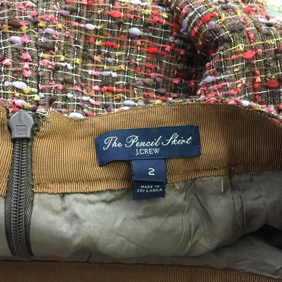 J Crew Taupe Khaki Green Coral Pink Chunky Boucle Pencil Twill Tweed Skirt XS 2