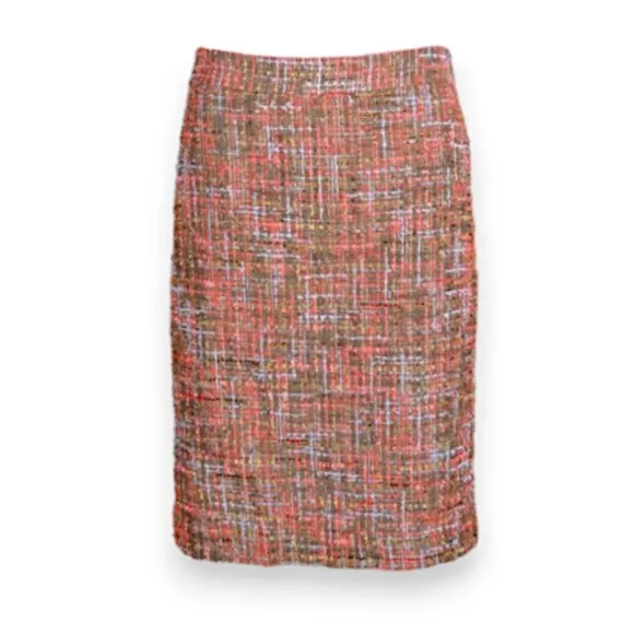 J Crew Taupe Khaki Green Coral Pink Chunky Boucle Pencil Twill Tweed Skirt XS 2